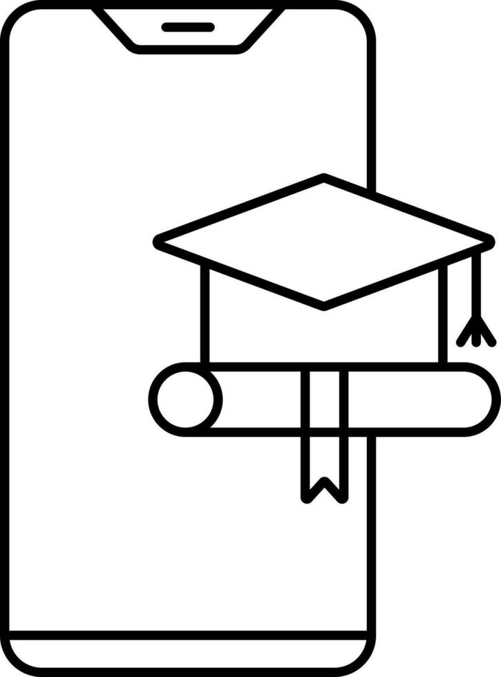 Graduation Cap With Diploma And Smartphone Icon in Black Outline. vector