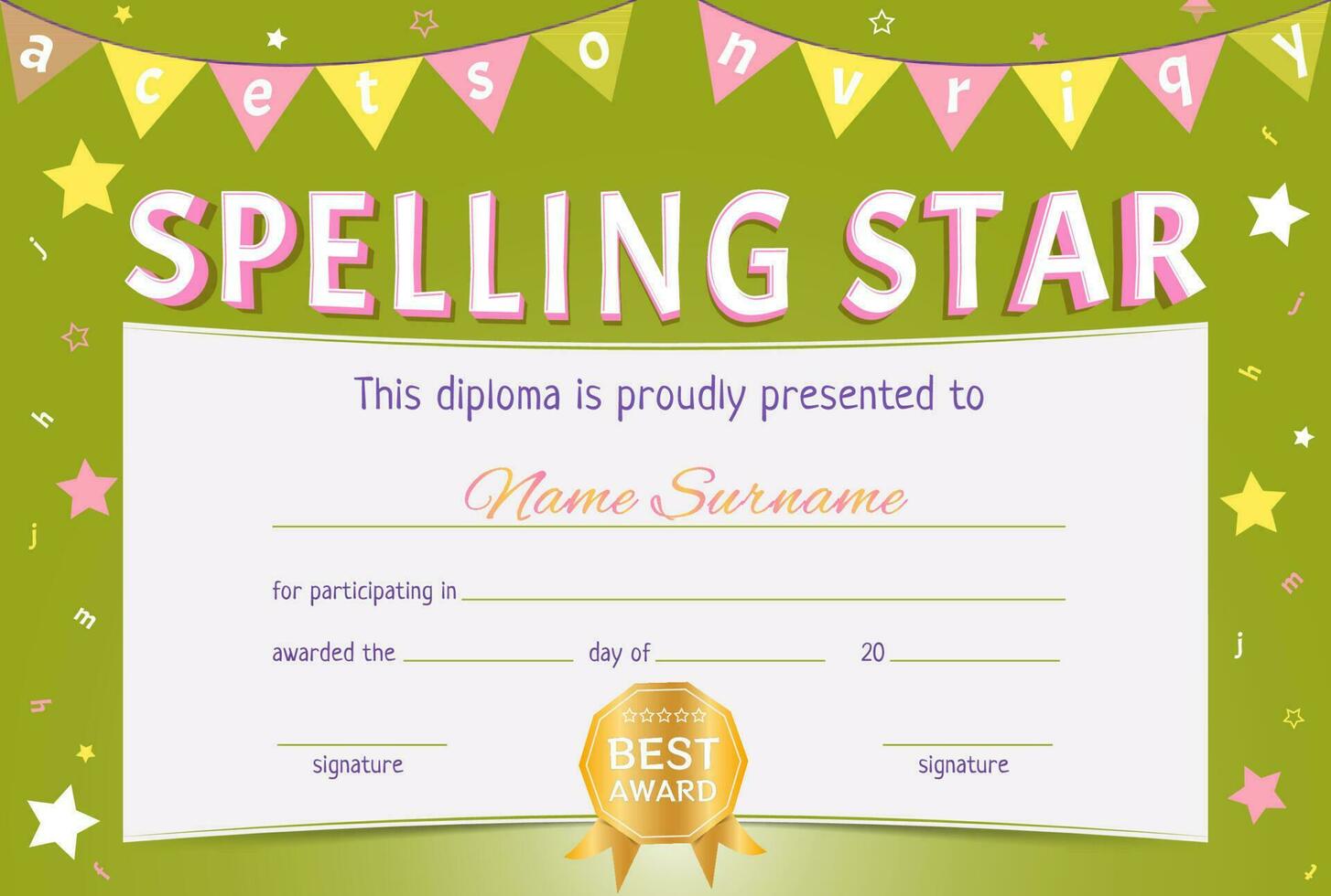 Kids diploma. Certificate of winning in spelling competition. Award for children. for participating in a language competition. Spelling star vector