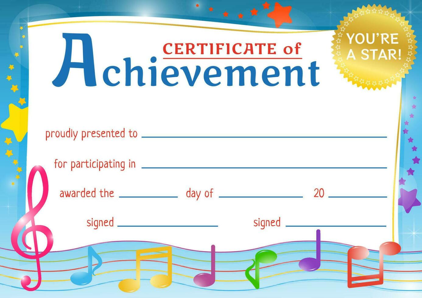 Certificate of achievement for kids. Award for wining in a music competition. Certificate of recognition for participating or excellence in a competition. vector