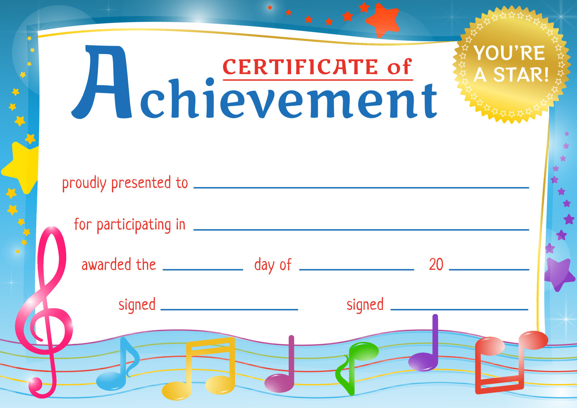 Certificate of achievement for kids. Award for wining in a music