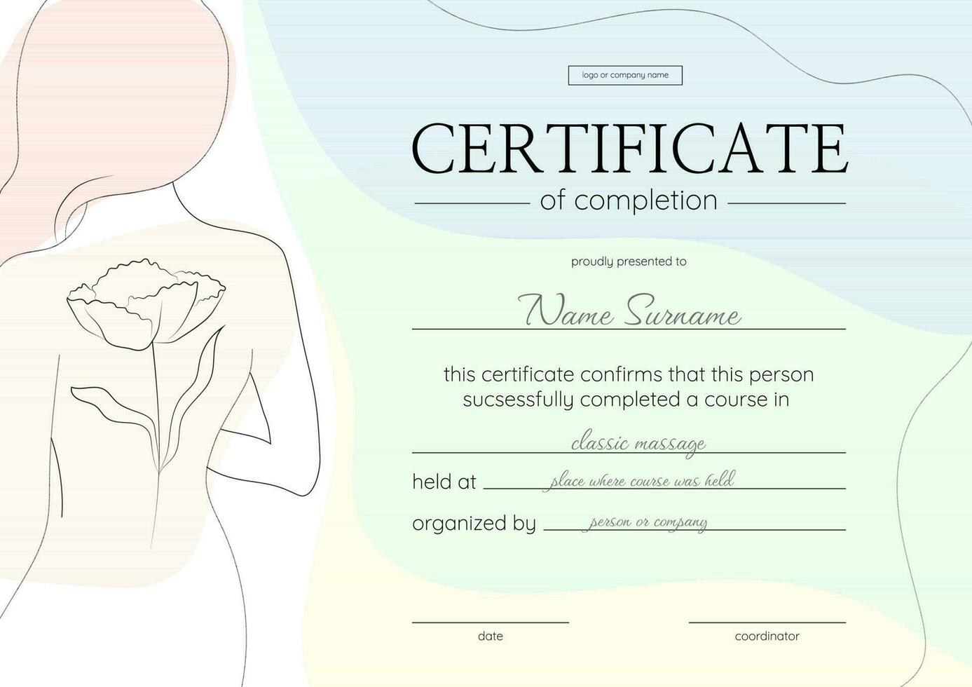 Certificate of completion in course of body care. Certificate of achievement, award for successfully completed education vector