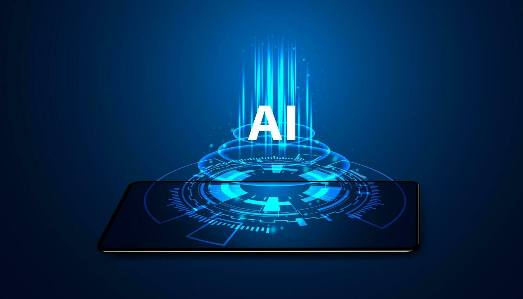 Media concepts such as mobile phones, using AI, generating content, using AI to help create content online, using AI technology to help create content On a blue background, futuristic, beautiful vector
