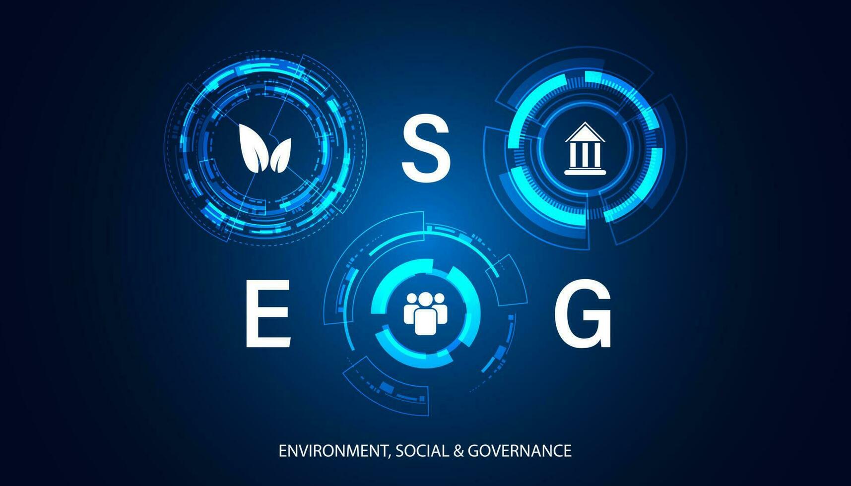 Abstract ESG concept Environment, Social, and Governance, illustrated idea global energy conservation and icons, people, wind turbines, bank,on blue background vector