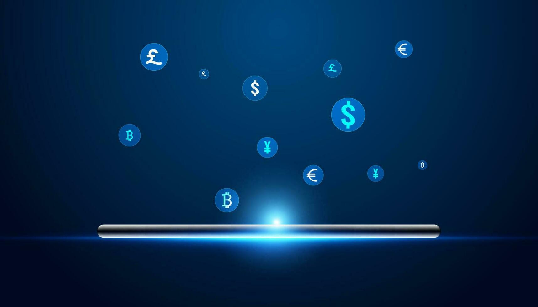 Abstract phone and currency concept fintech digital finance online transaction Cryptocurrency exchange On a blue background, modern, digital, futuristic. vector
