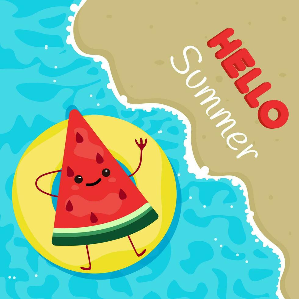 Summer card with watermelon on an inflatable circle in cartoon style vector