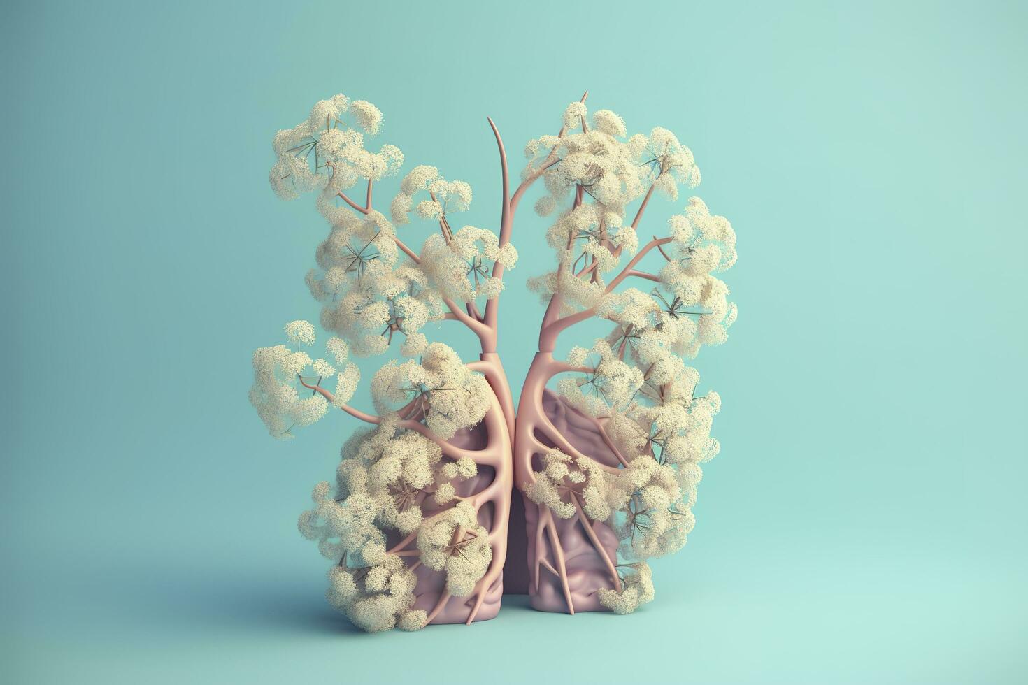 Human lungs with flowers, pastel colors, on blue background, 3d render and illustration, generate ai photo