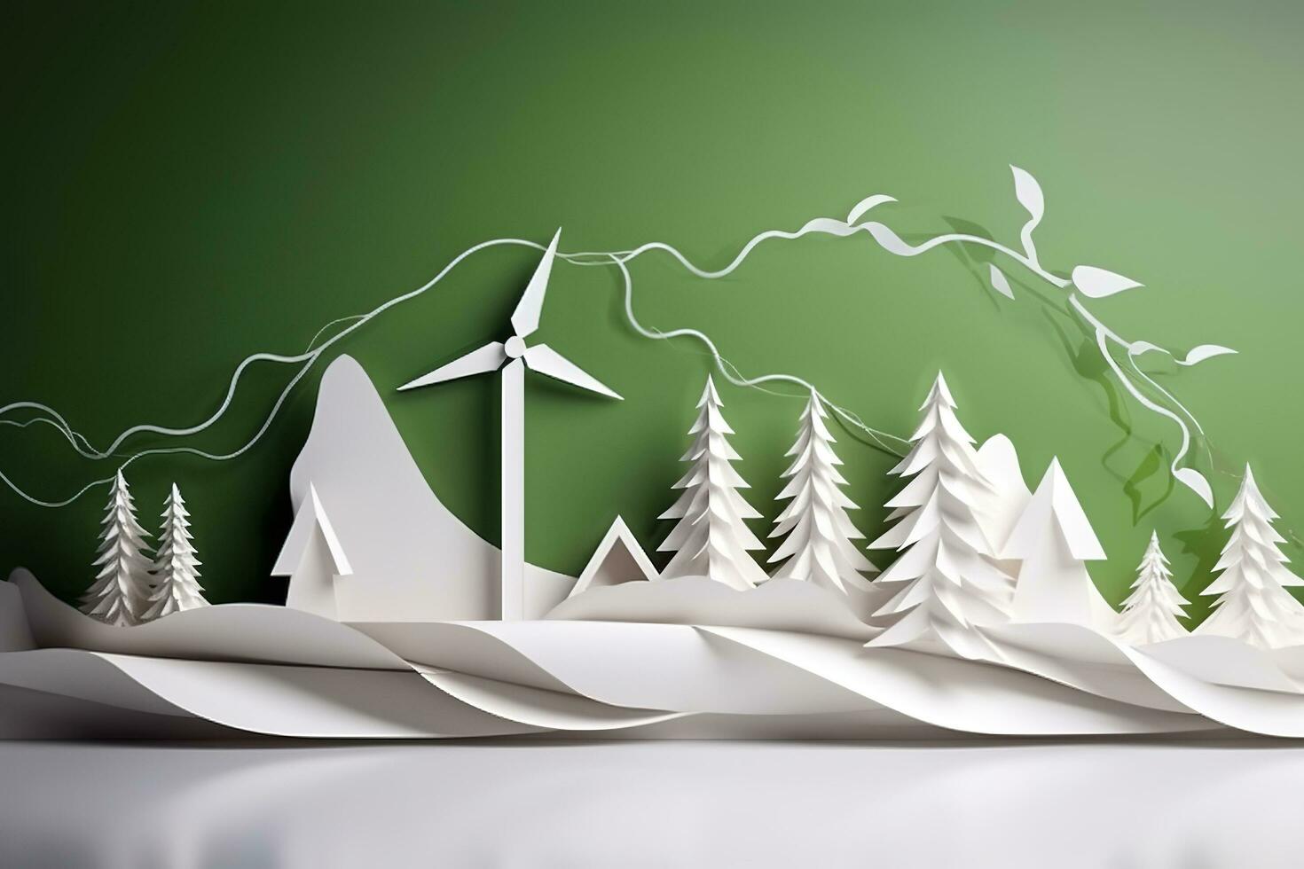 Paper art, renewable energy with green energy such as wind turbines, Renewable energy by 2050 Carbon neutral energy, Energy consumption, and CO2, Reduce CO2 emission concept, generate ai photo