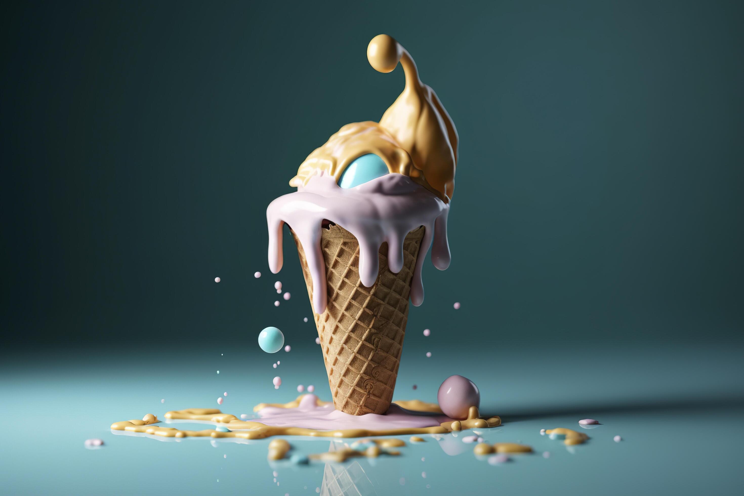 This illustration depicts a melting ice cream cone in a variety of