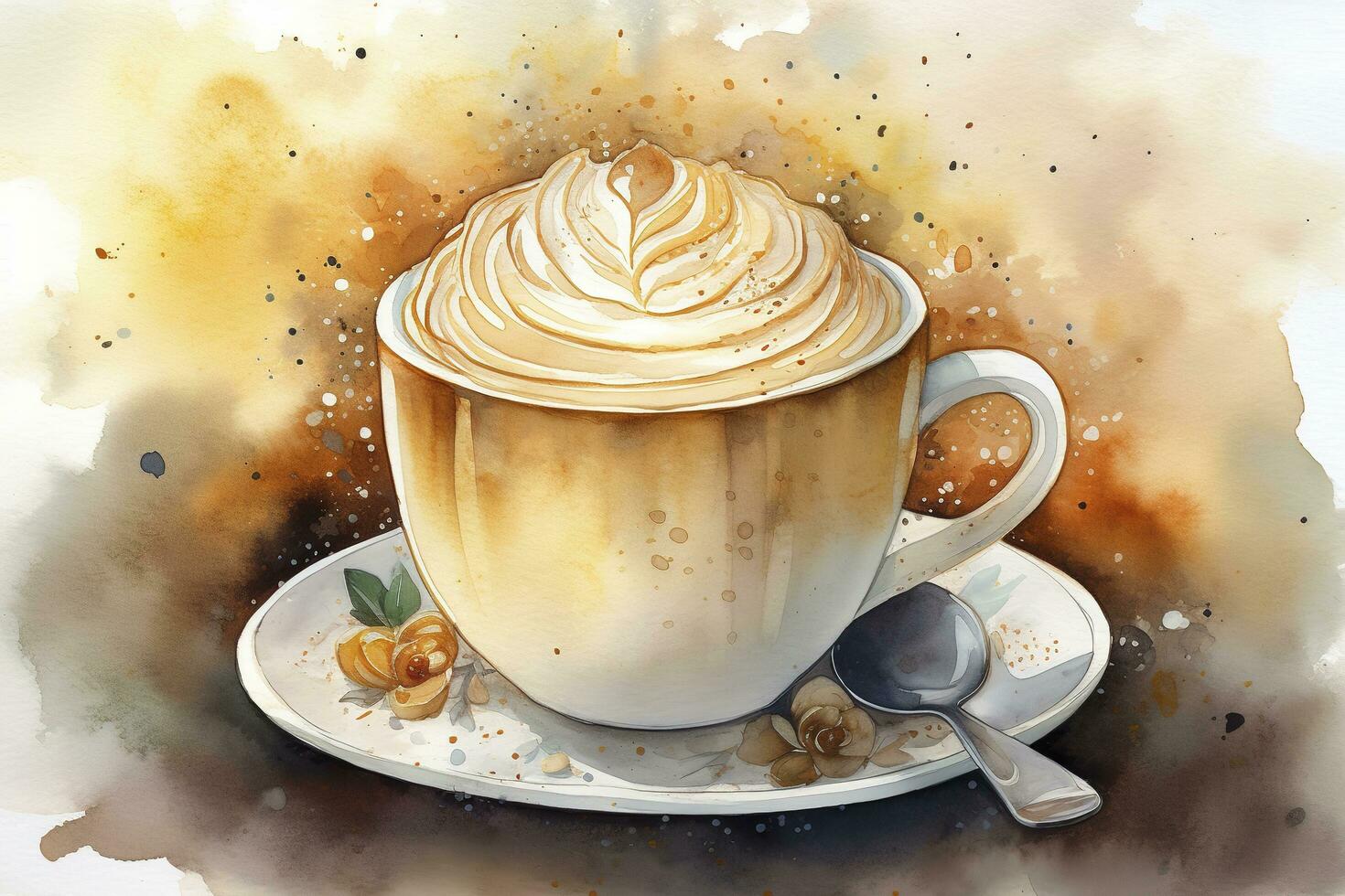 mano dibujado acuarela café con chocolate pastel, capuchino taza con platillo, aislado en blanco antecedentes. delicioso comida ilustración, generar ai foto