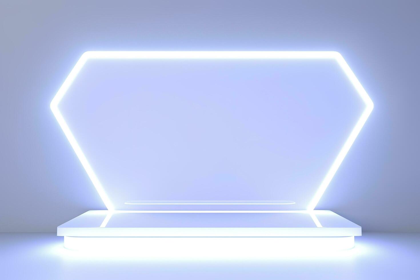 Realistic podium display with neon white lights, Product display background with light frame, White prodium product display with light effect, neon lights background, generate ai photo
