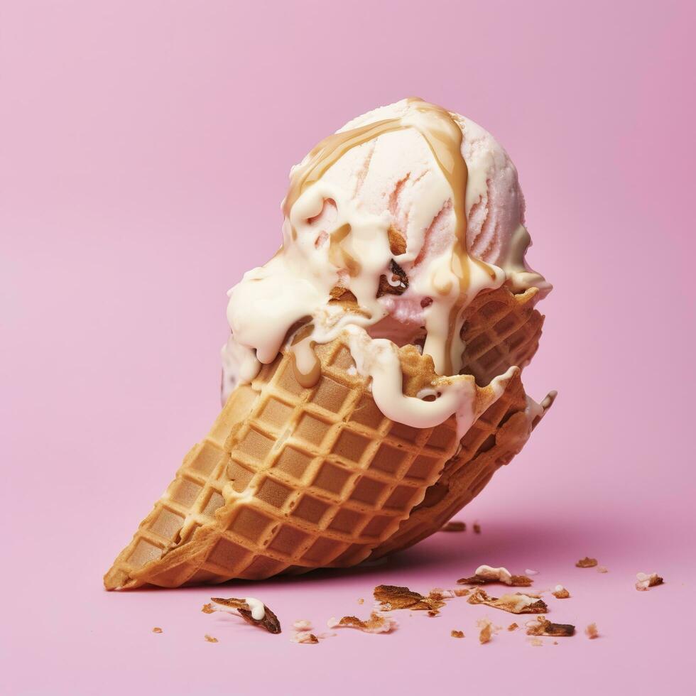 An overturned waffle cone with melted ice cream on a pink background, generate ai photo