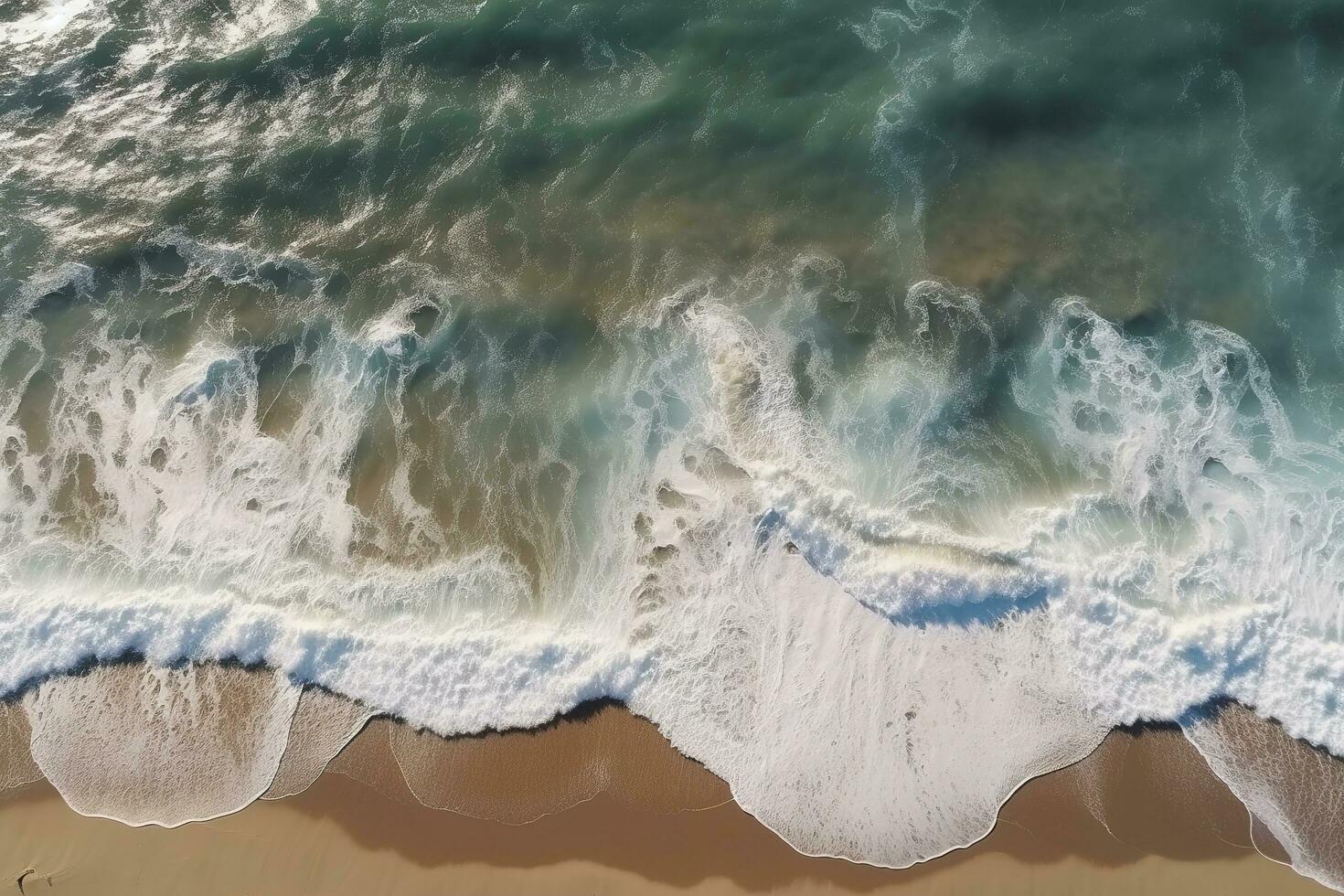 Ocean waves on the beach as a background. Beautiful natural summer vacation holidays background. Aerial top down view of beach and sea with blue water waves, generate ai photo