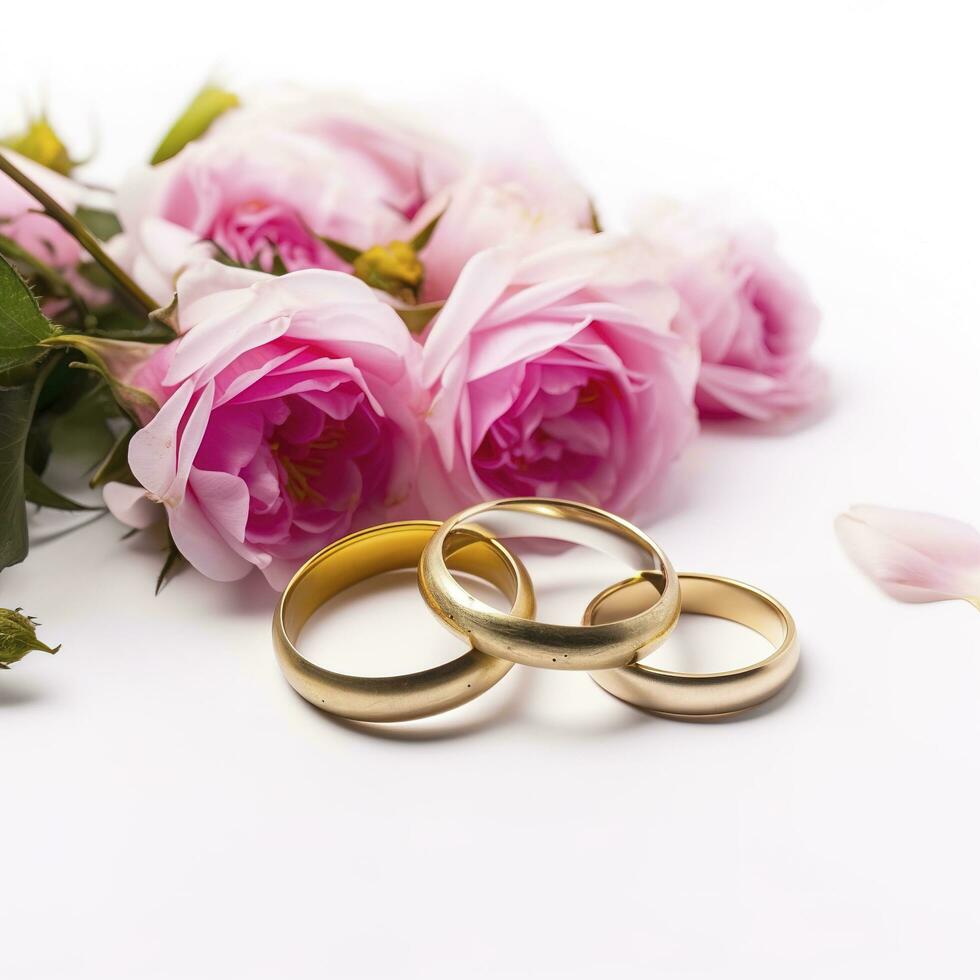 Pink flowers and two golden wedding rings on white background, , generat ai photo