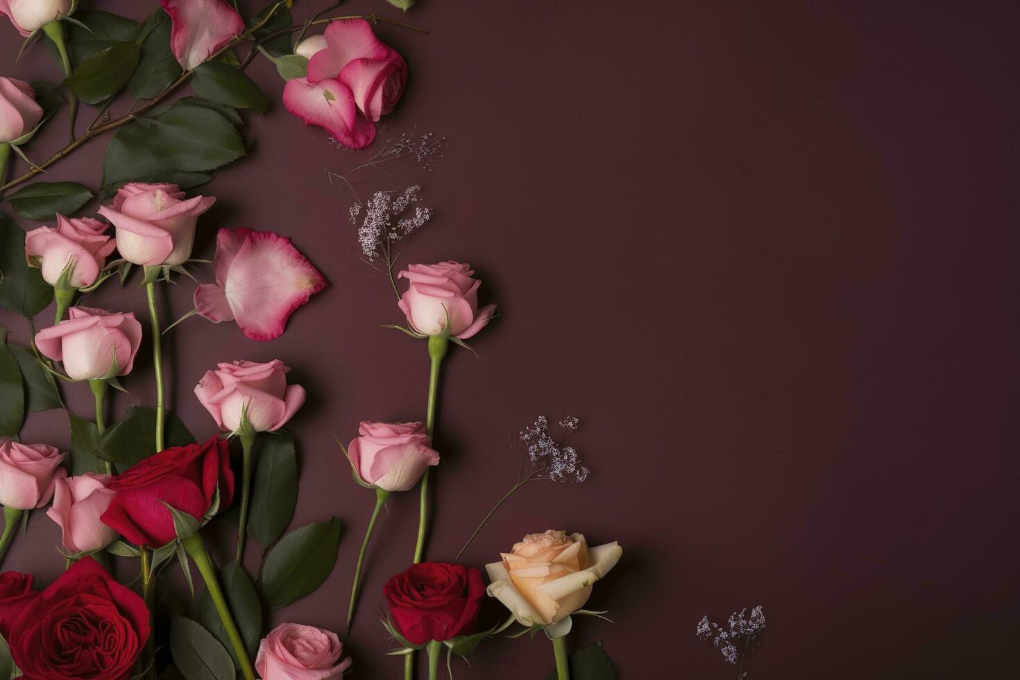 Roses Flower Arrangement, Copy Space, Flat Lay , generate ai photo