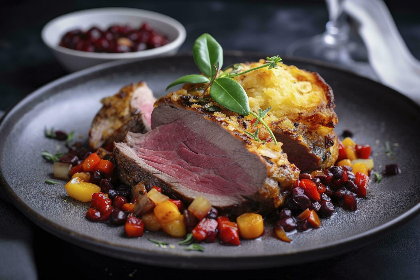 Traditional roasted Italian panettone tagliata di manzo with sliced beef steak and vegetables served close-up on a Nordic design plate, generate ai photo