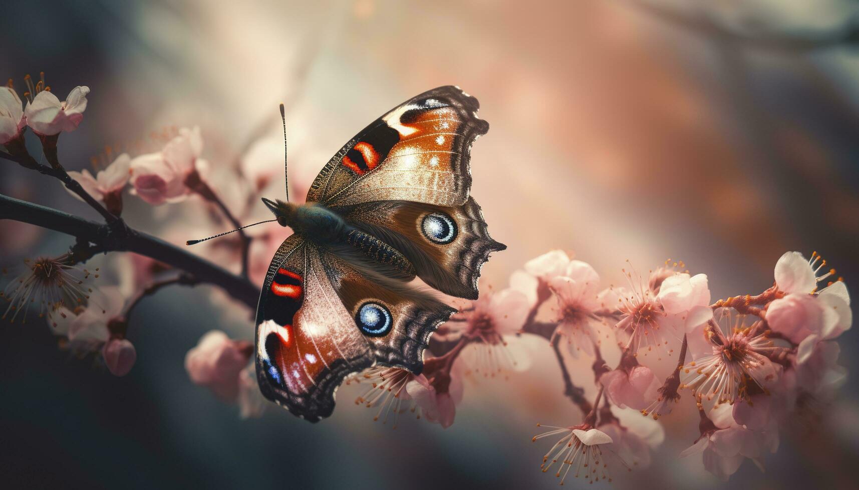 lado ver de rojo almirante mariposa con naranja, blanco, negro y marrón alas sentado en un púrpura flor de argentino verbena. soleado verano día en un jardín, generar ai foto
