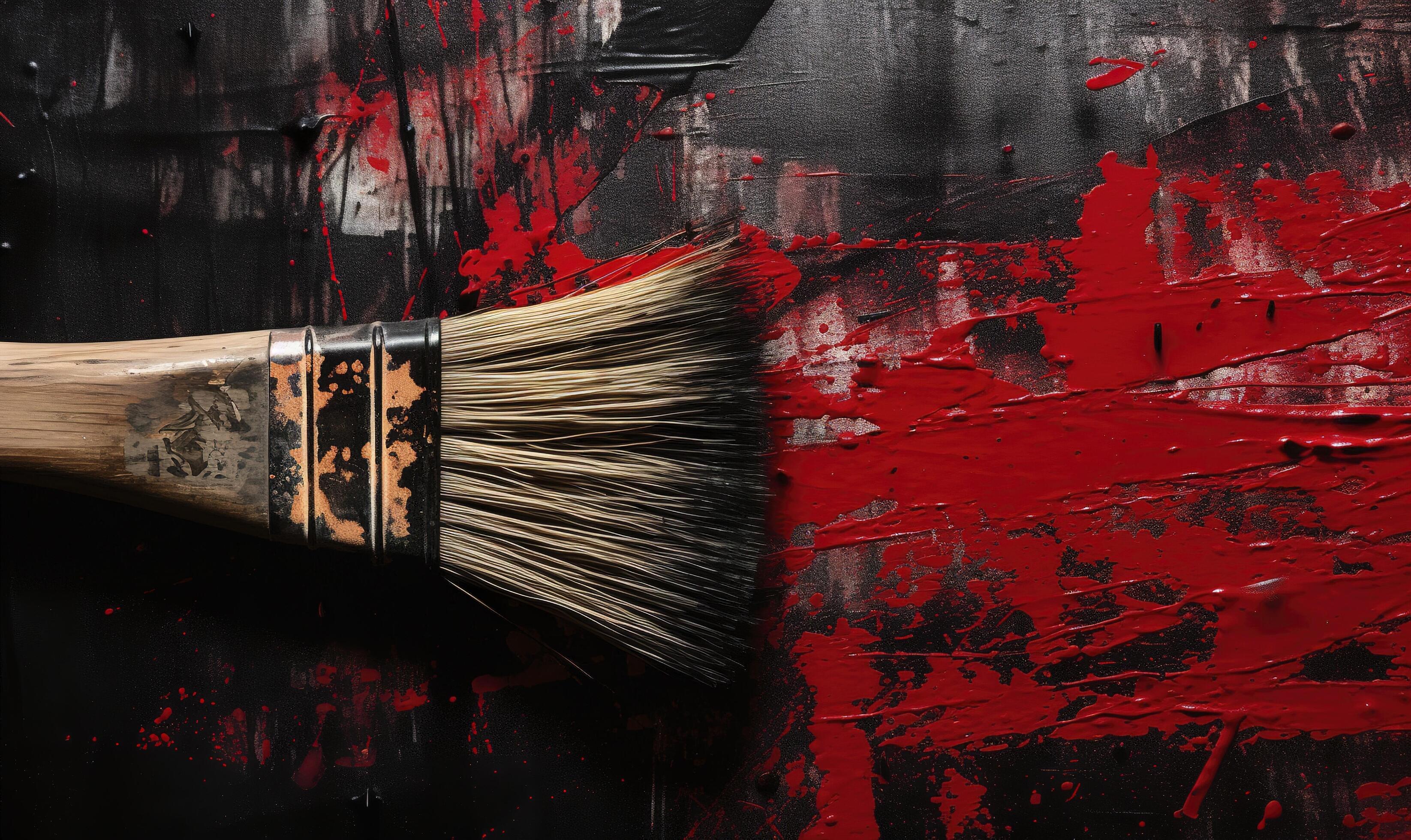 Used paint brushes and paint background with blue and red strokes