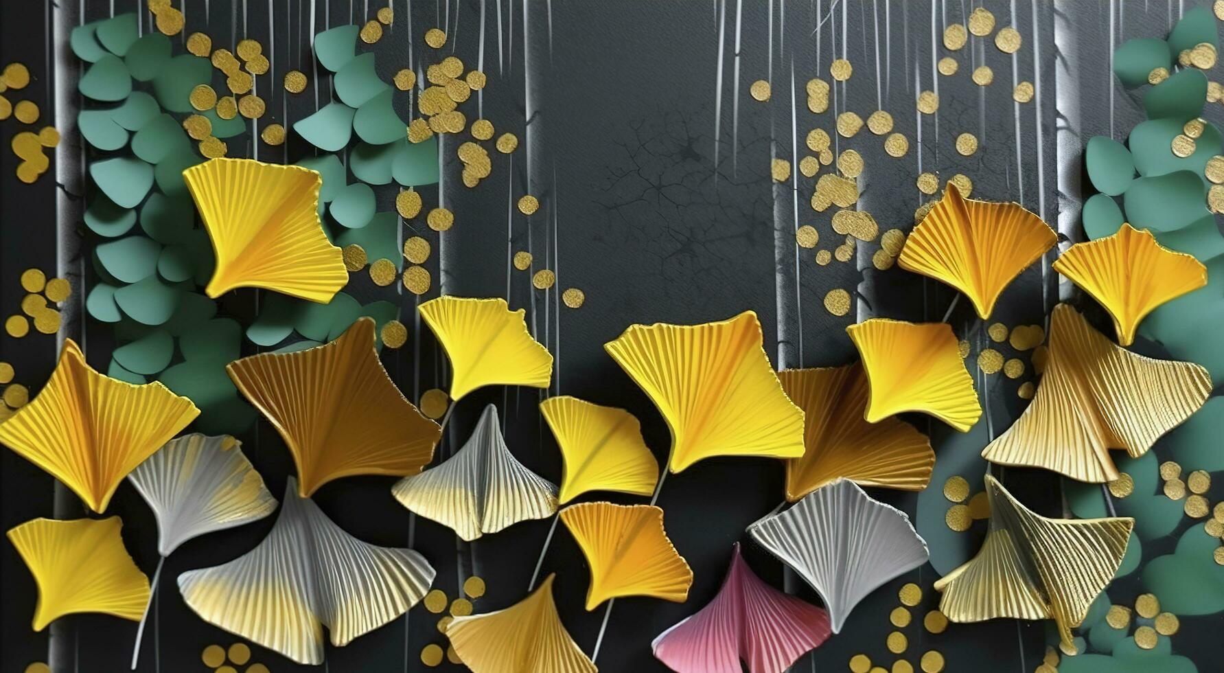 3d colorful illustration of ginkgo leaves, deer, and leaves in dark background. minimalist hand-painted canvas art wall frame decor, generate ai photo