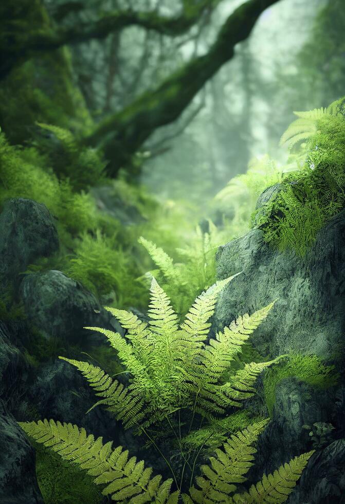 fern canyon gorge in Oregon, stone stairway, overgrown lush plants, atmospheric, cinematic, highly detailed, ethereal environment, hyper-detailed architecture, octane rend, generate ai photo