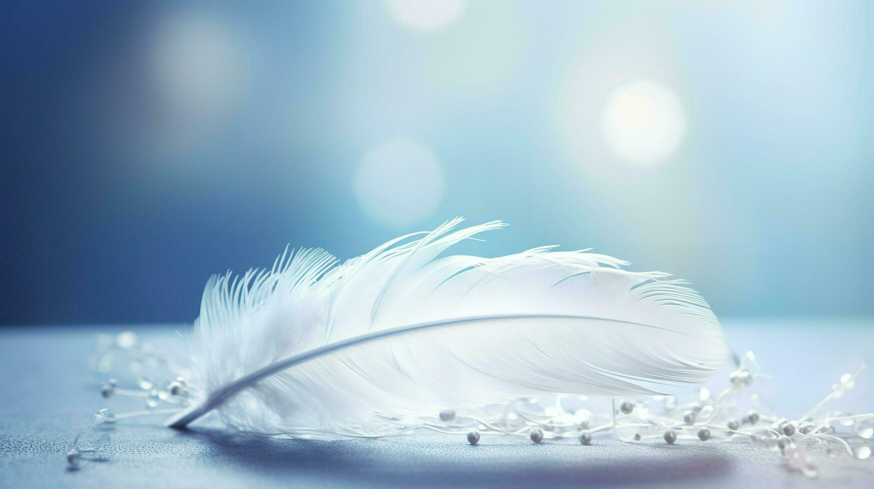 a bright blue background with one white feather, in the style of soft and dreamy pastels, glimmering light effects, nature inspired imagery, fairycore, soft focal points, generate ai photo