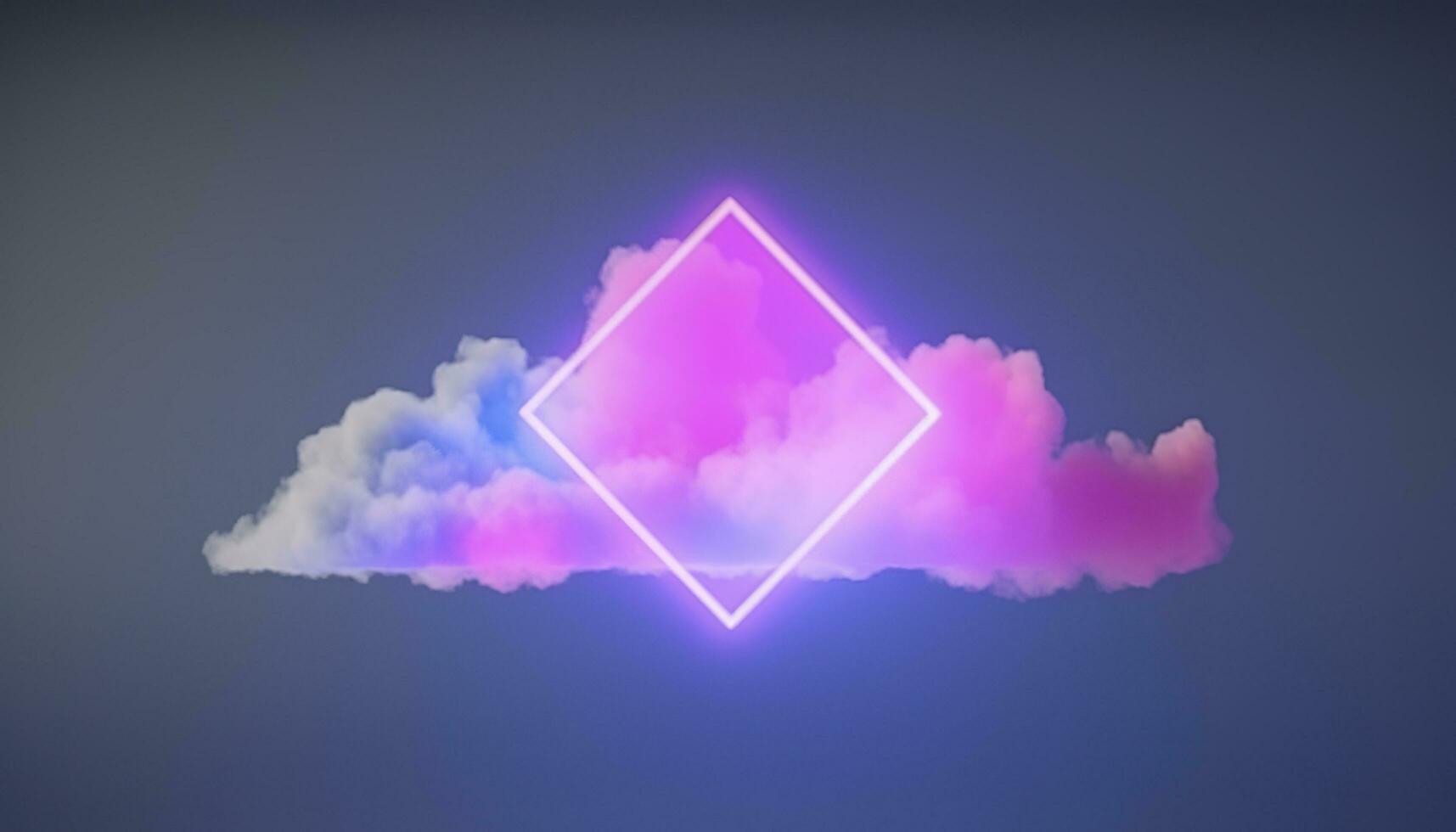 3d render, abstract minimal background with pink blue yellow neon light square frame with copy space, illuminated stormy clouds, glowing geometric shape, generate ai photo