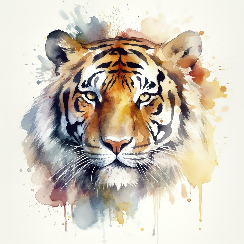 isolated tiger watercolour splashes with ink painting, llustration art, generate ai photo