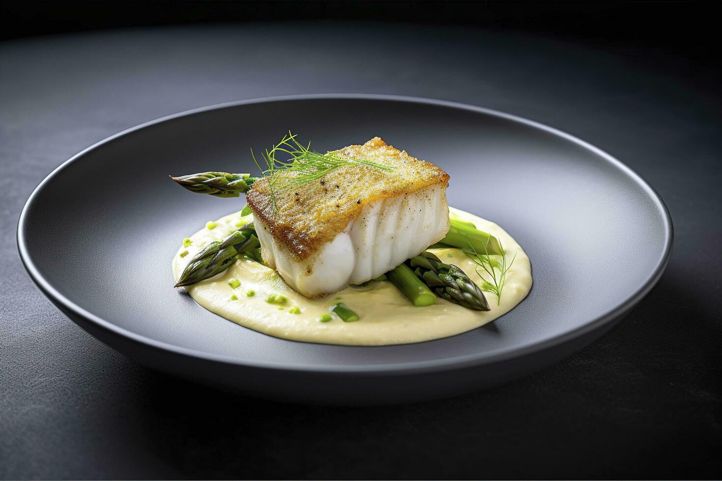 Traditional Fried Skrei Cod Fish Fillet with Green Asparagus Tips and Mashed Potato Cream in Parmesan Olive Oil Sauce as Closeup on a Modern Design Plate with Copy Space, generate ai photo