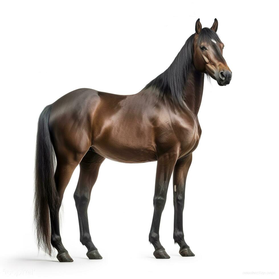 Female belgian warmblood, bwp, 4 years old, with mane braided with buttons, looking at camera against white background, generate ai photo