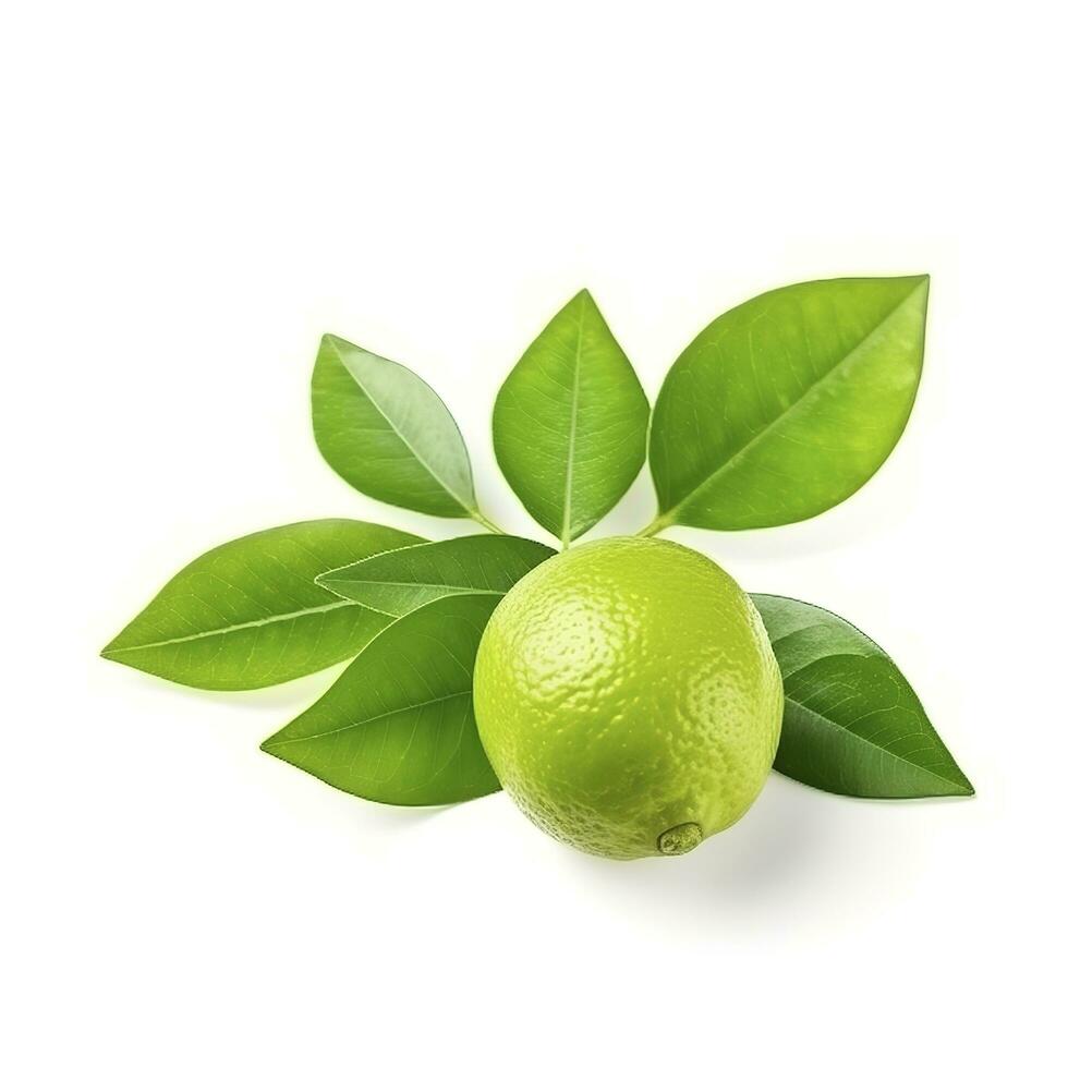 Fresh lemon with green leaves isolated on white background, generate ai photo