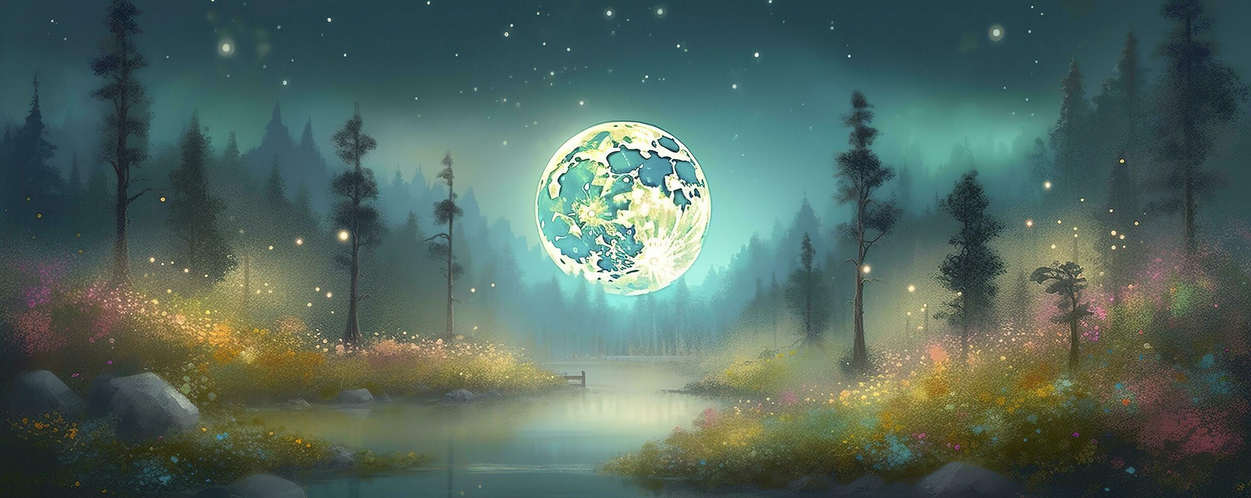 night landscape environment harvest moon over a glittering lake lush vegetation birchwood trees, flowers, magical galaxy. 3d drawing digital art, generate ai photo