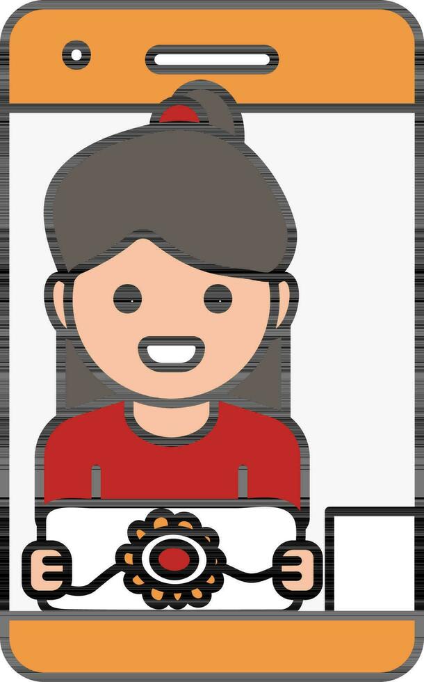 joven niña demostración rakhi pulsera en teléfono inteligente pantalla icono. vector