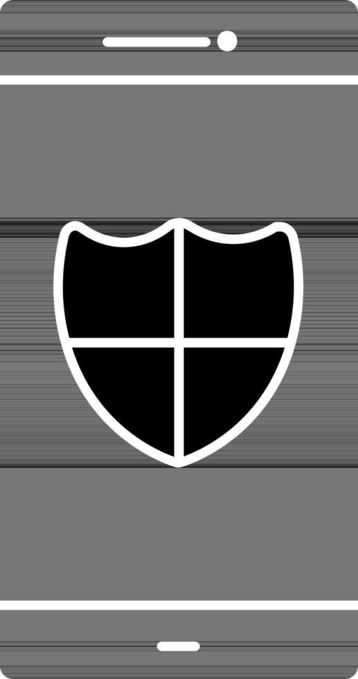 Smartphone With Security Shield Icon In black and white Color. vector