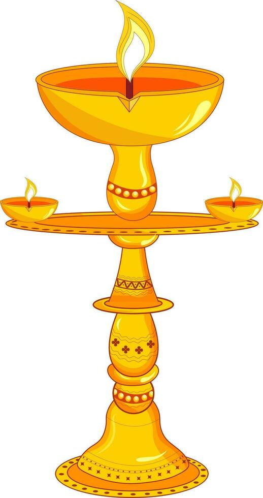 Burning Oil Lamp Diya Stand Flat Element In Yellow And Orange Color. vector