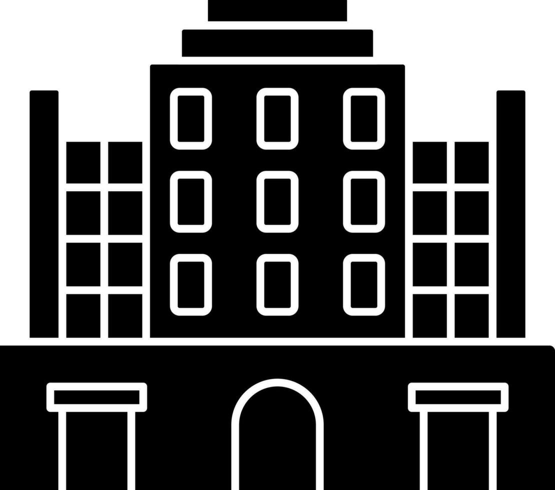 negro y blanco hotel o edificio icono en plano estilo. vector