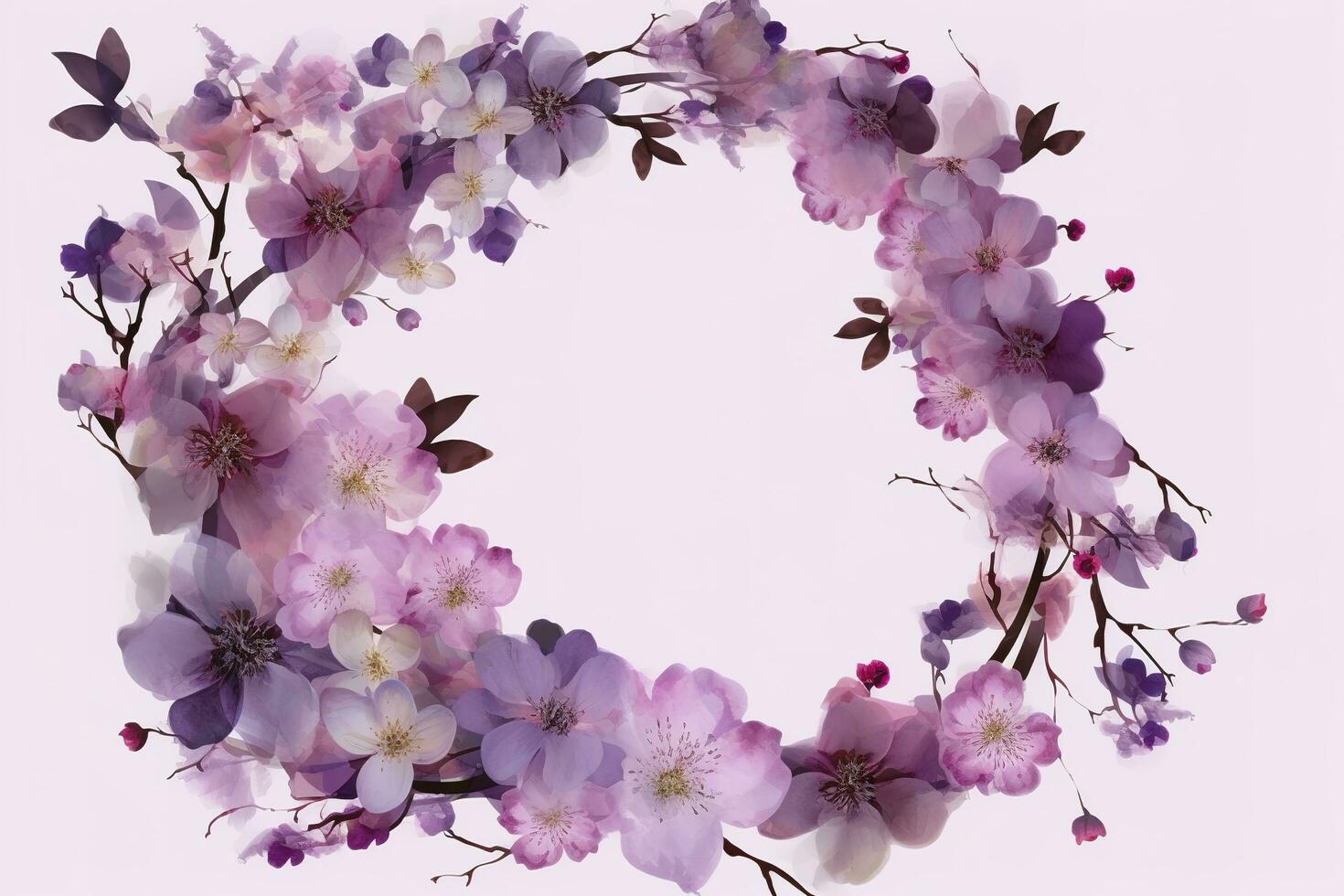 Flowers composition. Wreath made of pink flowers on pink background. Flat lay, top view, copy space, generate ai photo