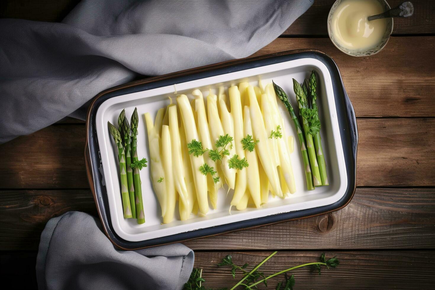 Traditional steamed white asparagus with hollandaise sauce and herbs as a top view in an enamel tray on an old wood table with copy space on the right, generate ai photo