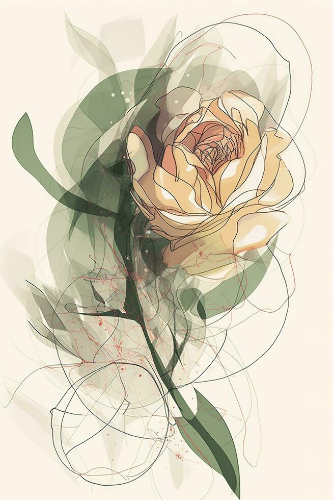 a red rose in an abstract style with flowers and leaves, in the style of soft, muted color palette, line drawing style, ephemeral shapes, generate ai photo