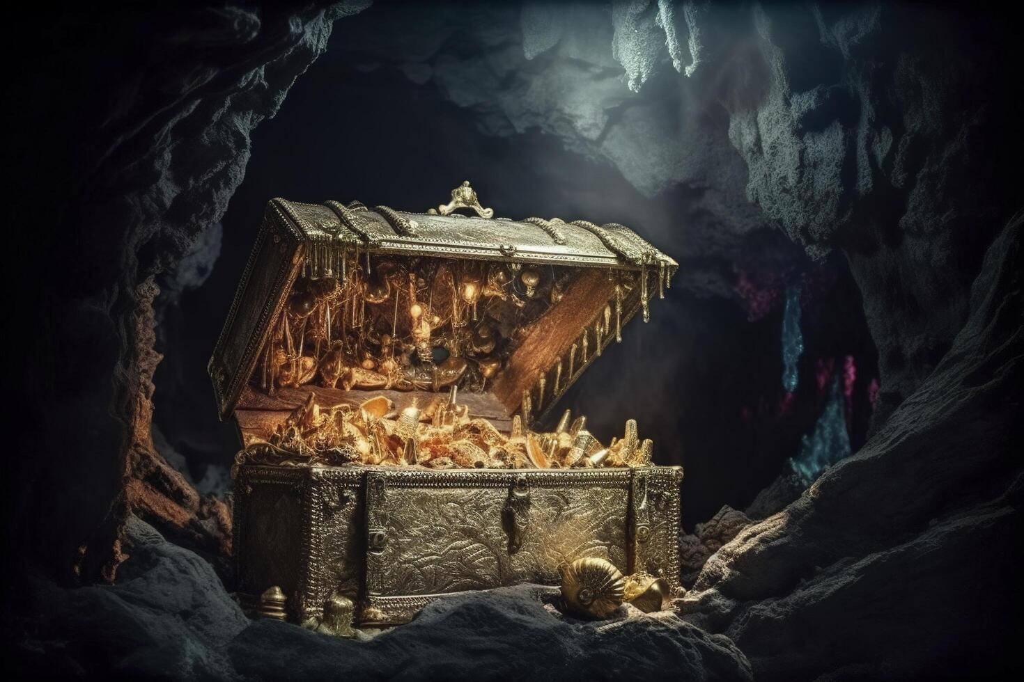 illustration of pirates treasure chest in cave photo