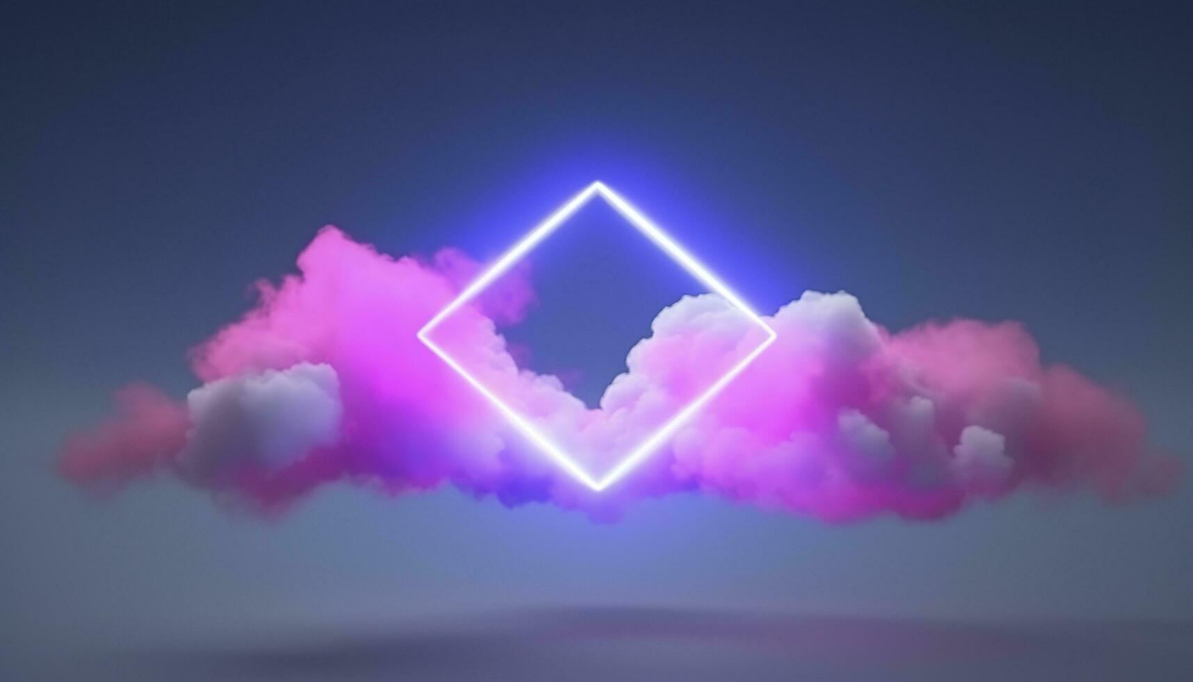 3d render, abstract minimal background with pink blue yellow neon light square frame with copy space, illuminated stormy clouds, glowing geometric shape, generate ai photo