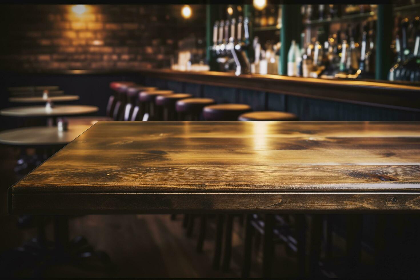 Pub bar counter with wooden table background, generate ai photo