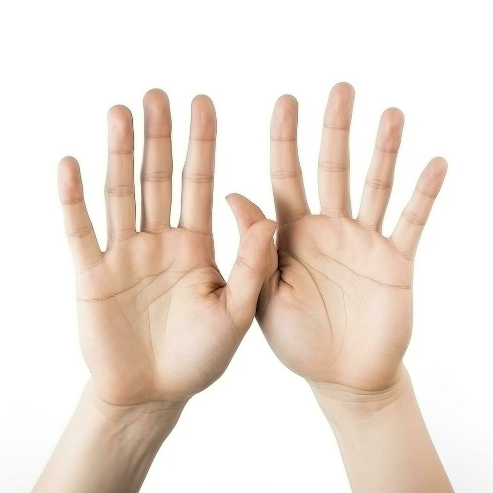 Woman holding her hands against white background, closeup, generate ai photo