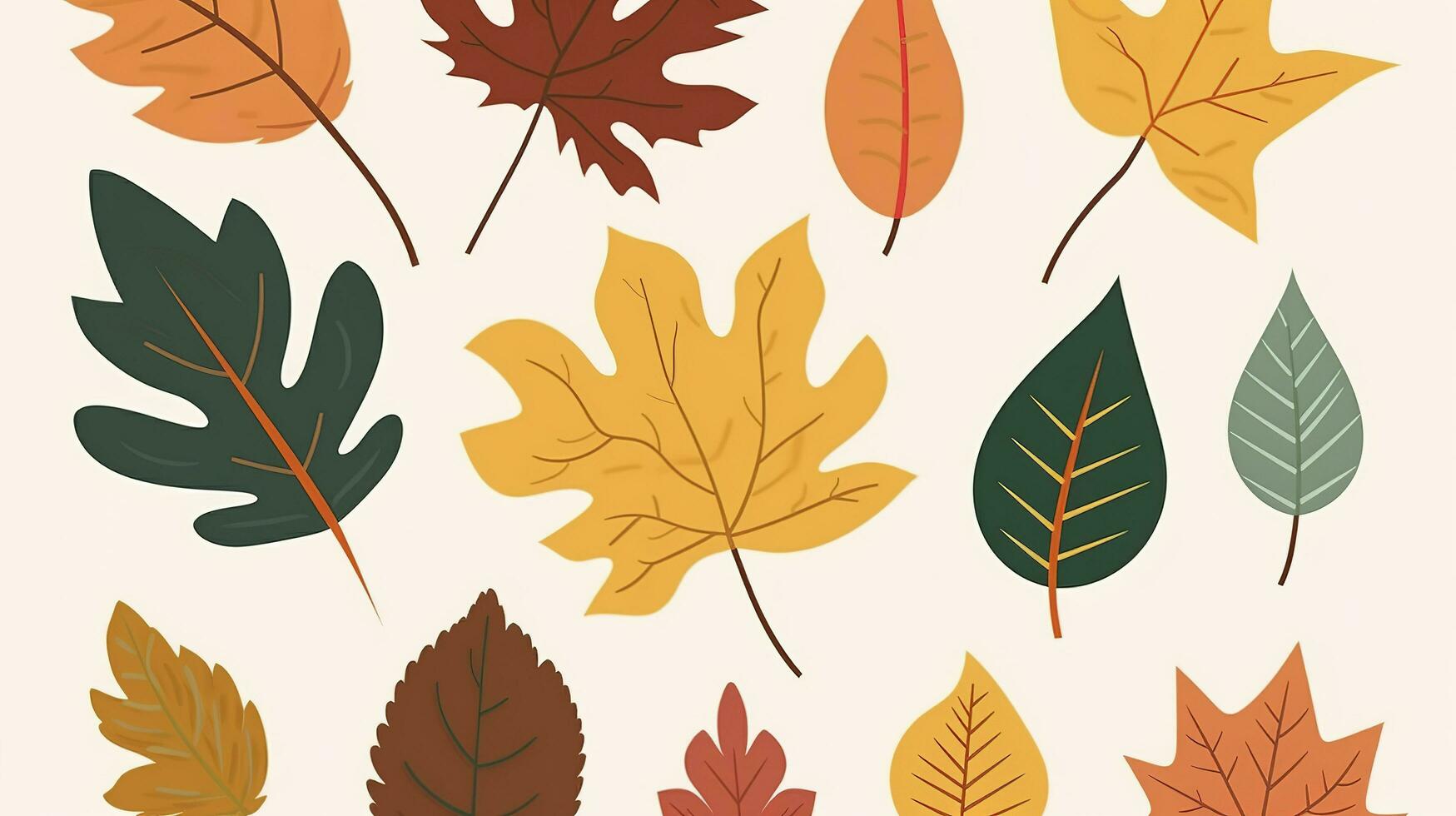 Autumn leaves set. Autumnal yellow leaf, forest nature orange leafage and september red leaves. Chestnut, dog rose and viburnum or foliage leaf. Flat isolated icons, generate ai photo