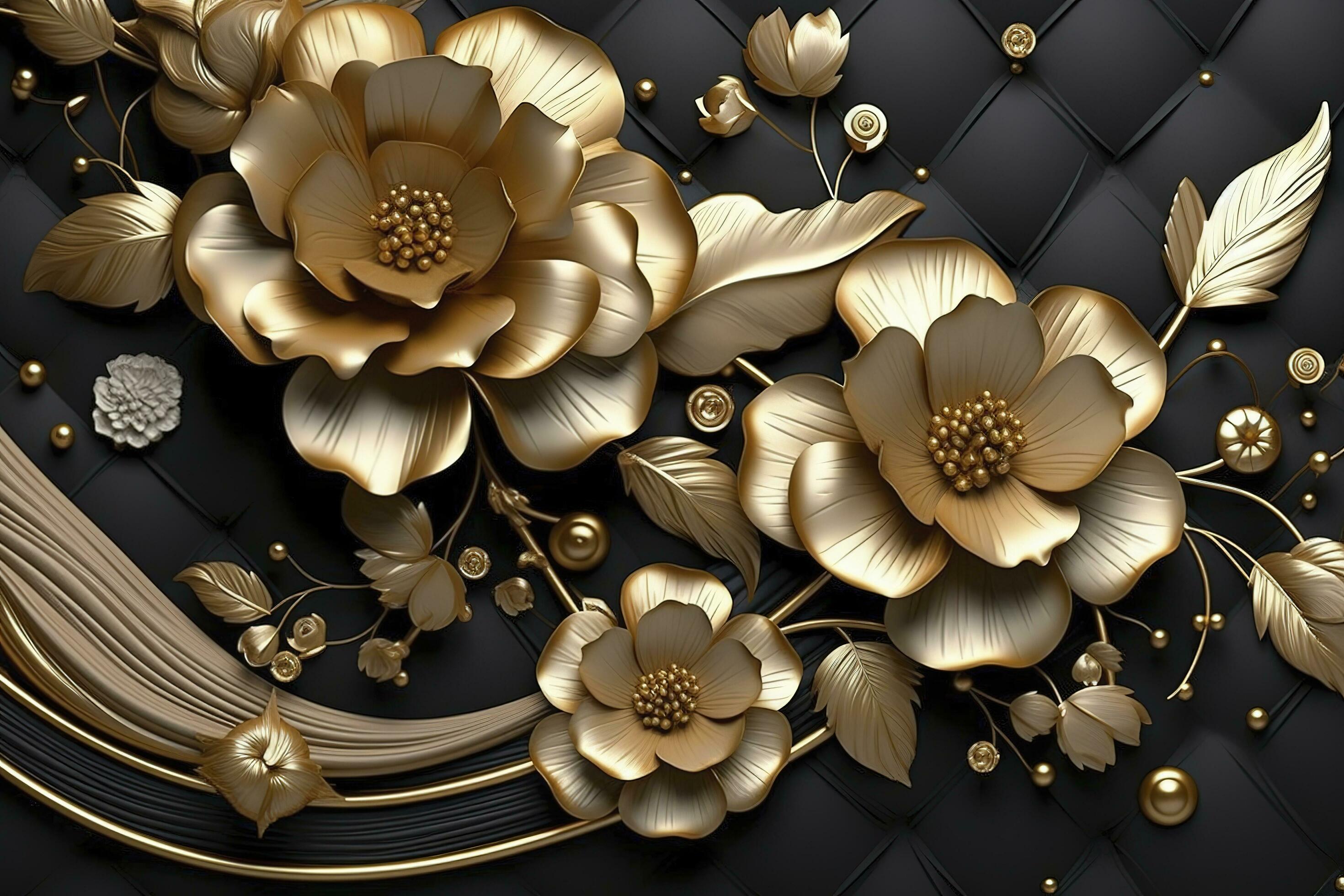 Cuadro de pared 3D decoración de flores de metal negro/oro/plata (A/H/D)  115x56x4cm