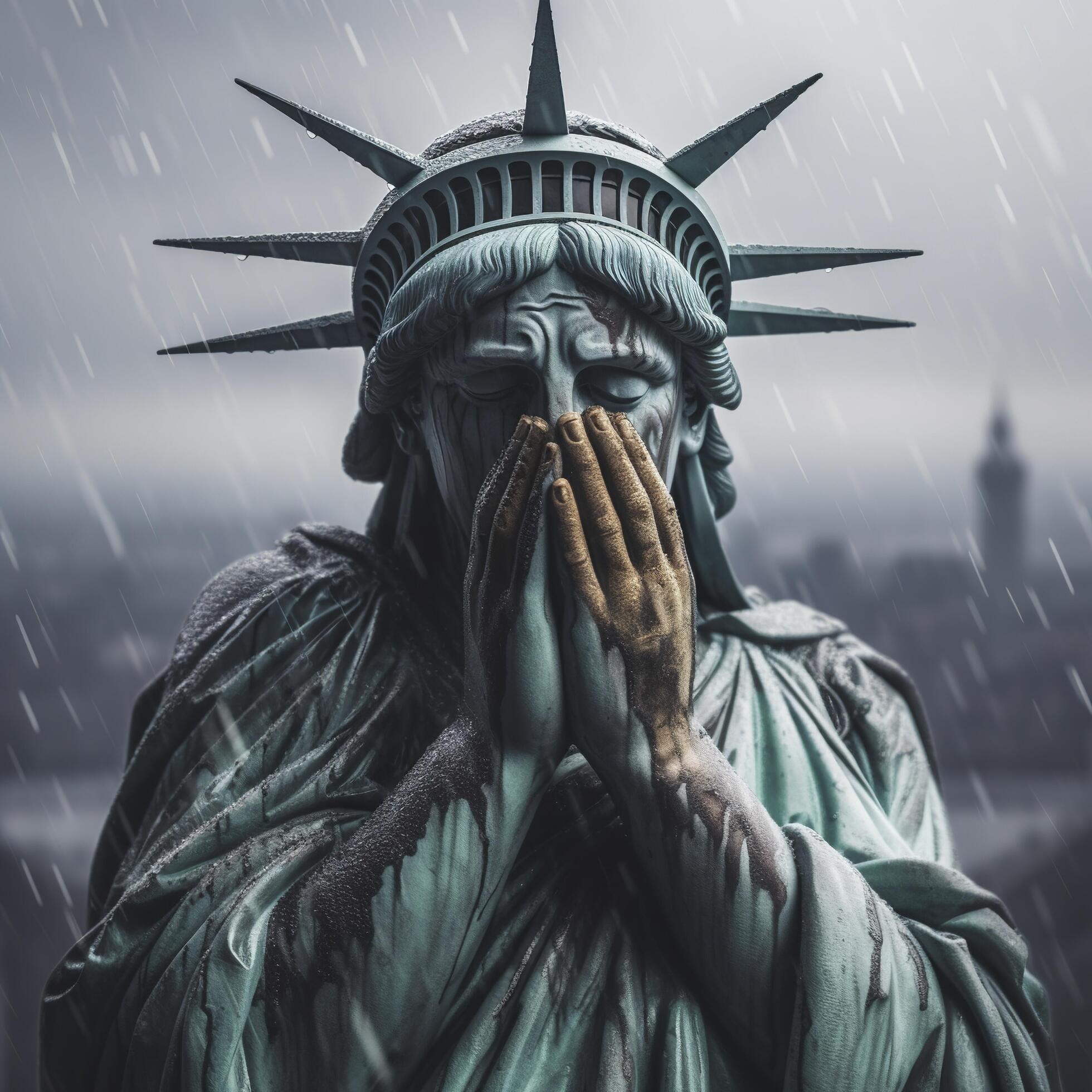 Statue of liberty crying with her hands covering her face, raining