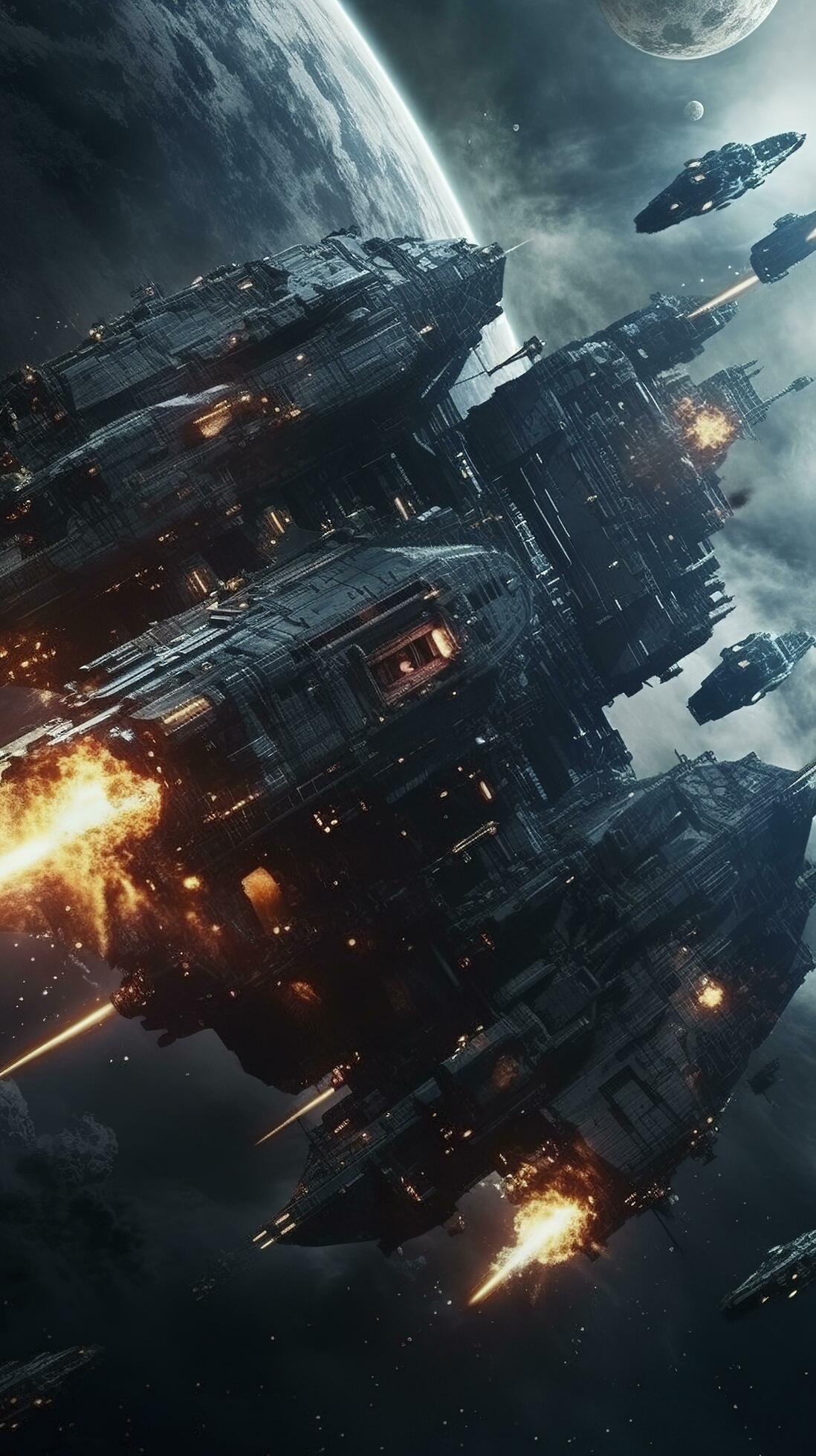 SuperHumanEpoch: Cinematic Still, intense space battle between two massive  battleships, starry sky, nebulae, galaxies, HDR futuristic space battleship  destroyers traveling through an asteroid field, planer in the isolated  blurred background