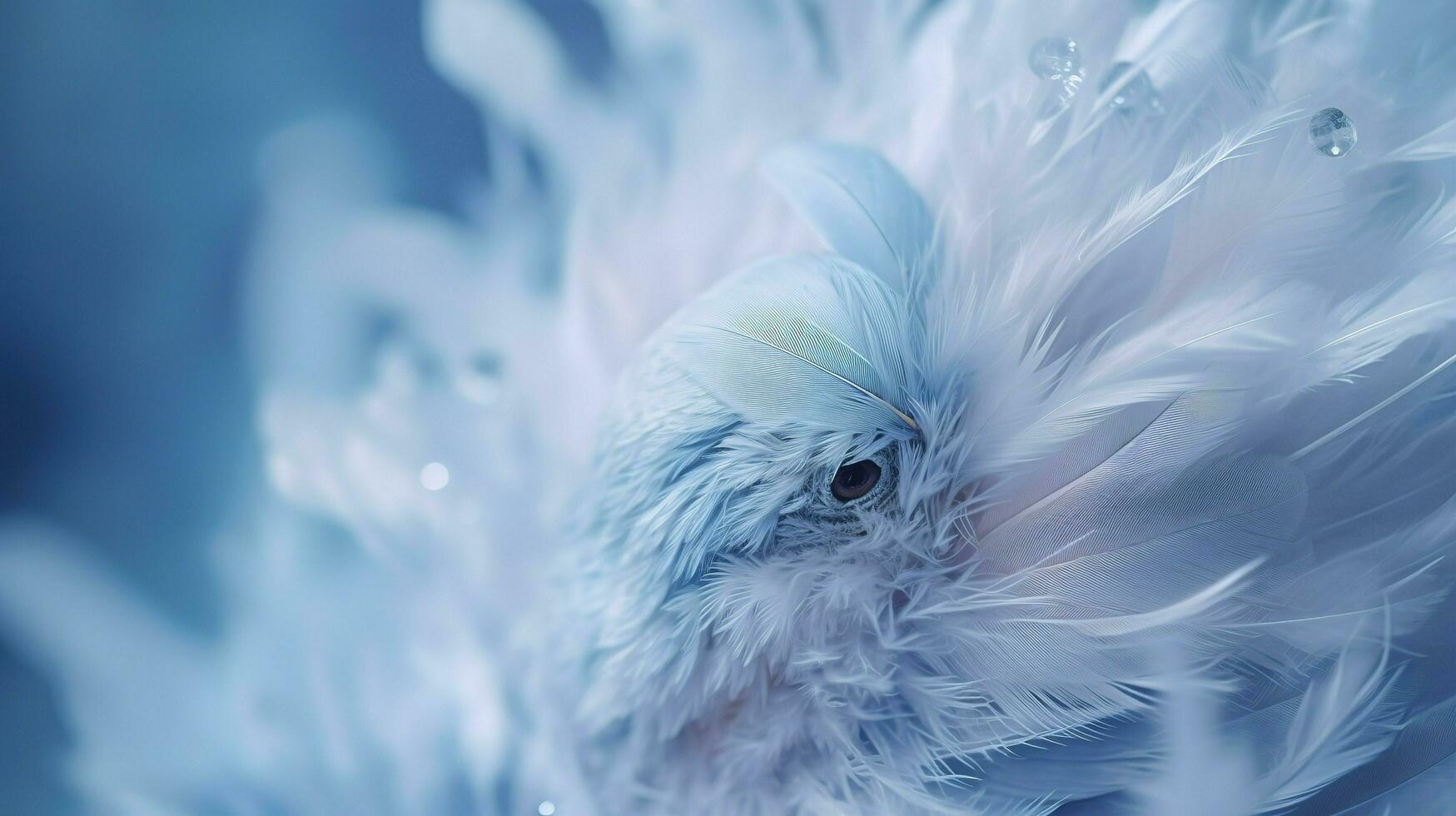 a bright blue background with one white feather, in the style of soft and dreamy pastels, glimmering light effects, nature inspired imagery, fairycore, soft focal points, generate ai photo