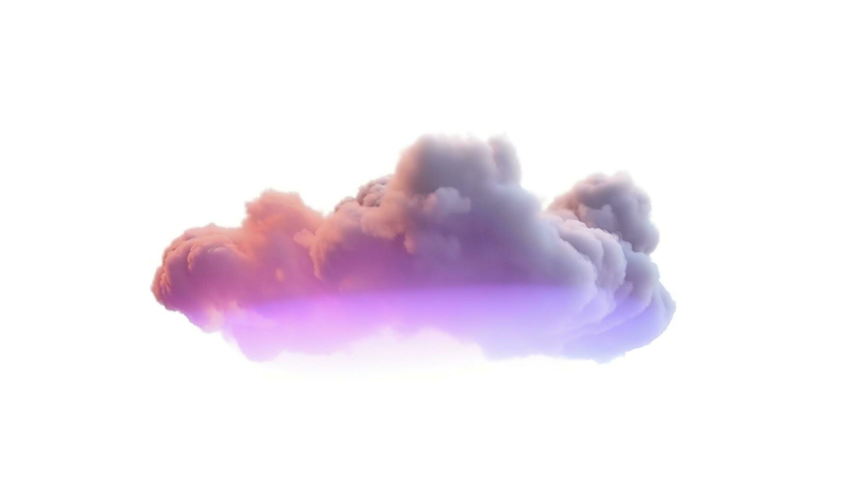 3d render, glowing colorful soft cloud isolated on white background. Fluffy cumulus atmosphere phenomenon. Realistic sky clip art element, generate ai photo