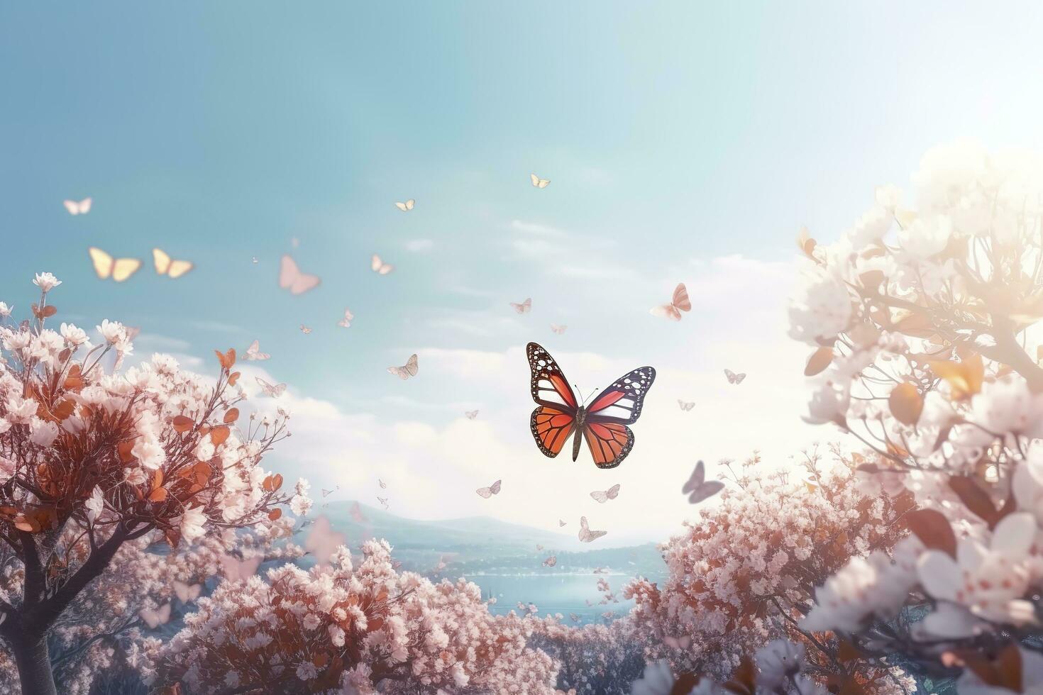 Spring banner, branches of blossoming cherry against the background of blue sky, and butterflies on nature outdoors. Pink sakura flowers, dreamy romantic image spring, landscape panorama, generate ai photo