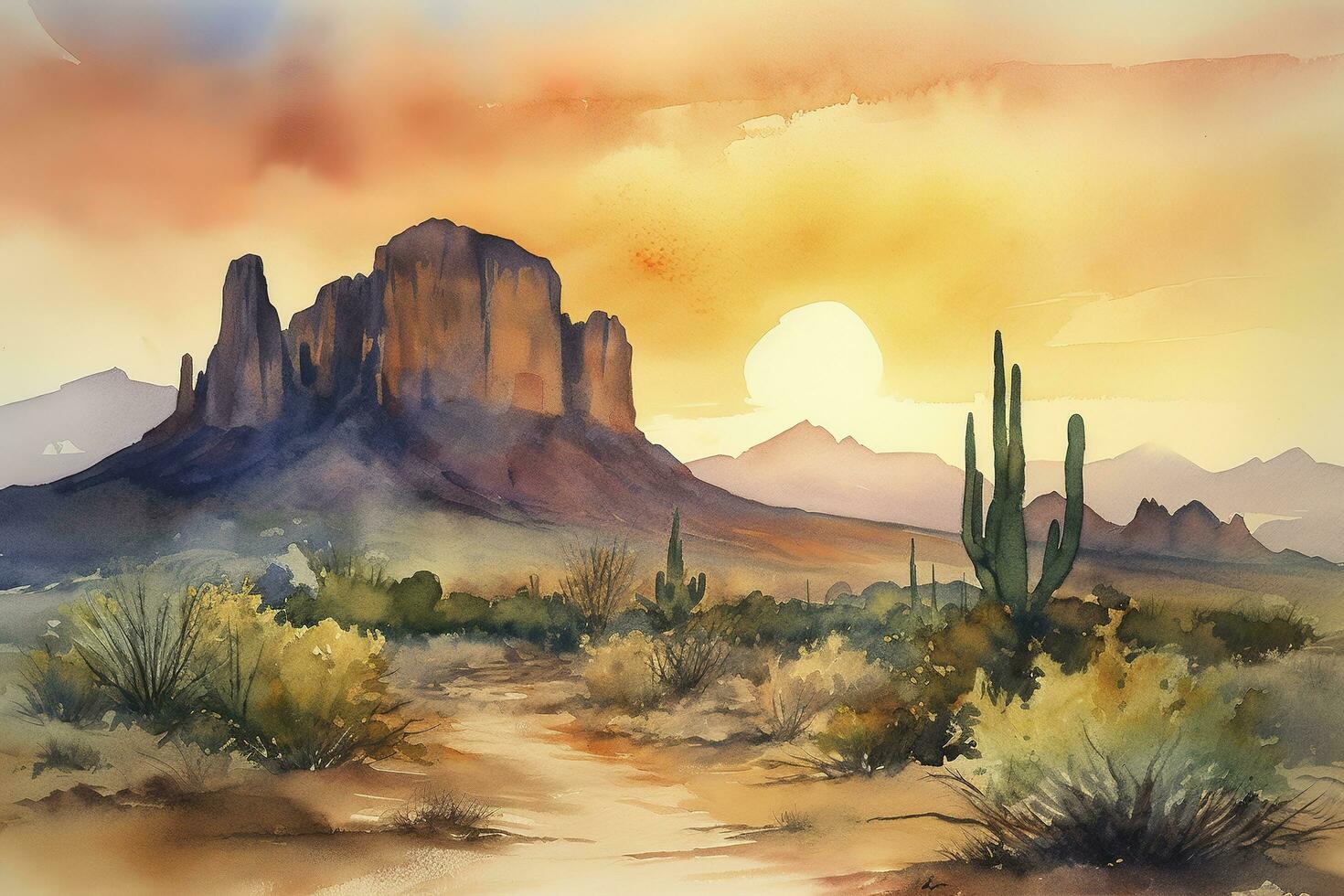 Paint a watercolor landscape of a desert scene with towering rock formations, intricate cacti, and a dramatic sunset sky, generate ai photo