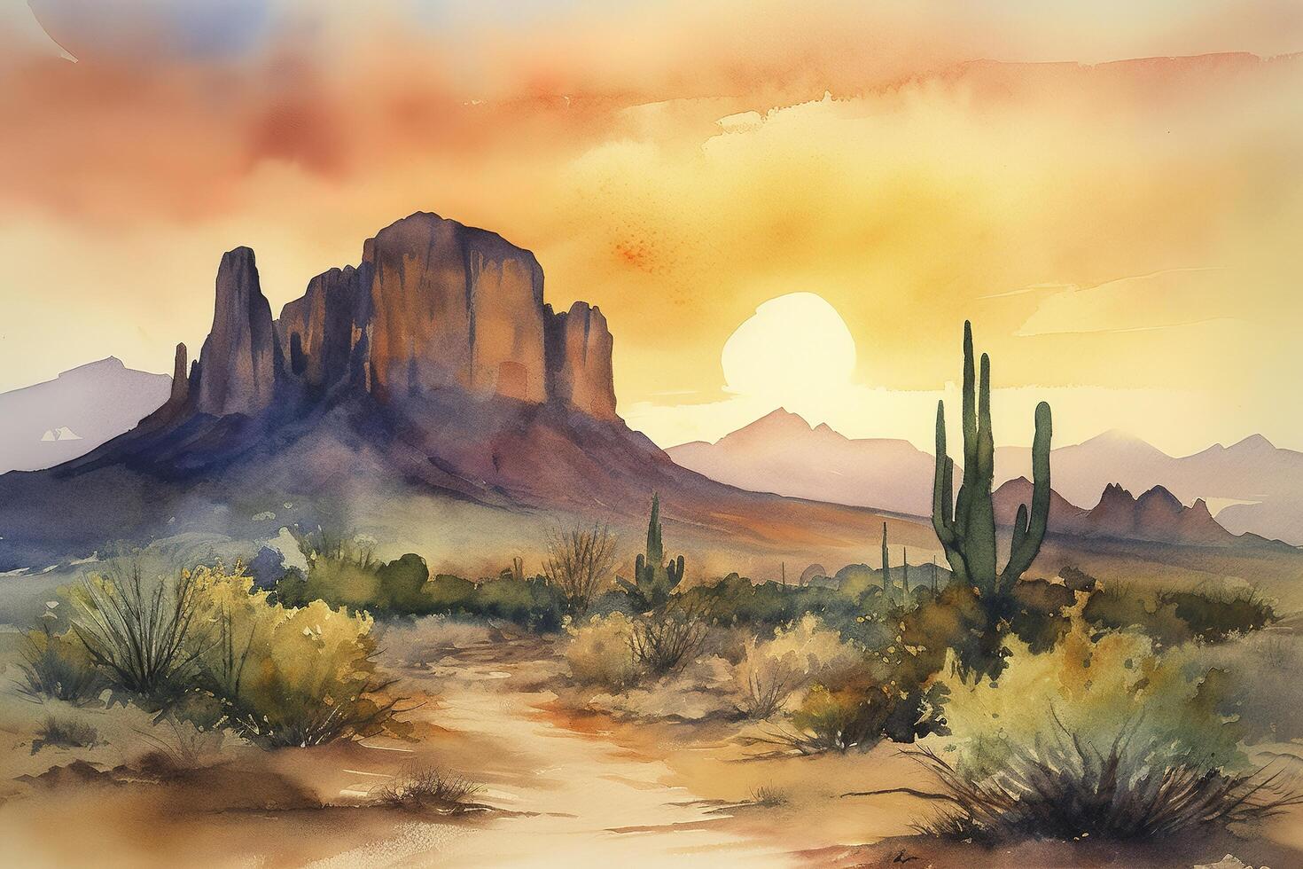 Paint a watercolor landscape of a desert scene with towering rock